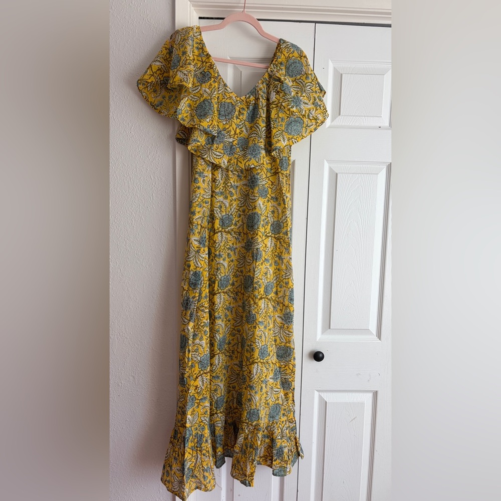 MILLE Resort & Travel Juliet Yellow Blue Floral Ruffle Maxi Summer Cotton Dress